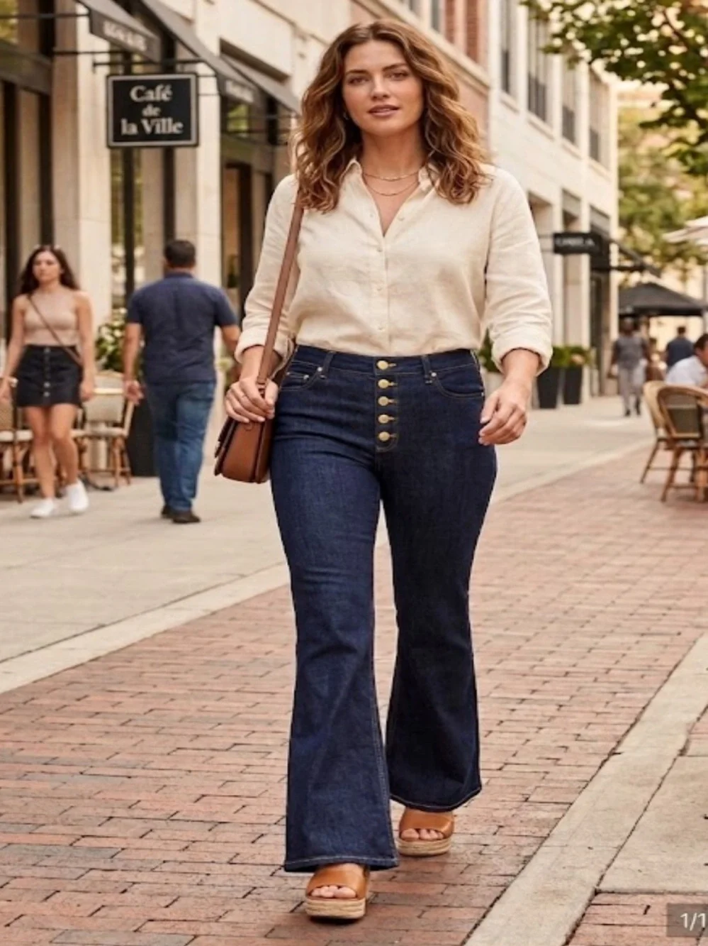 Michael Kors Dark Blue High-Rise Flare Jeans with Multi-Button Front